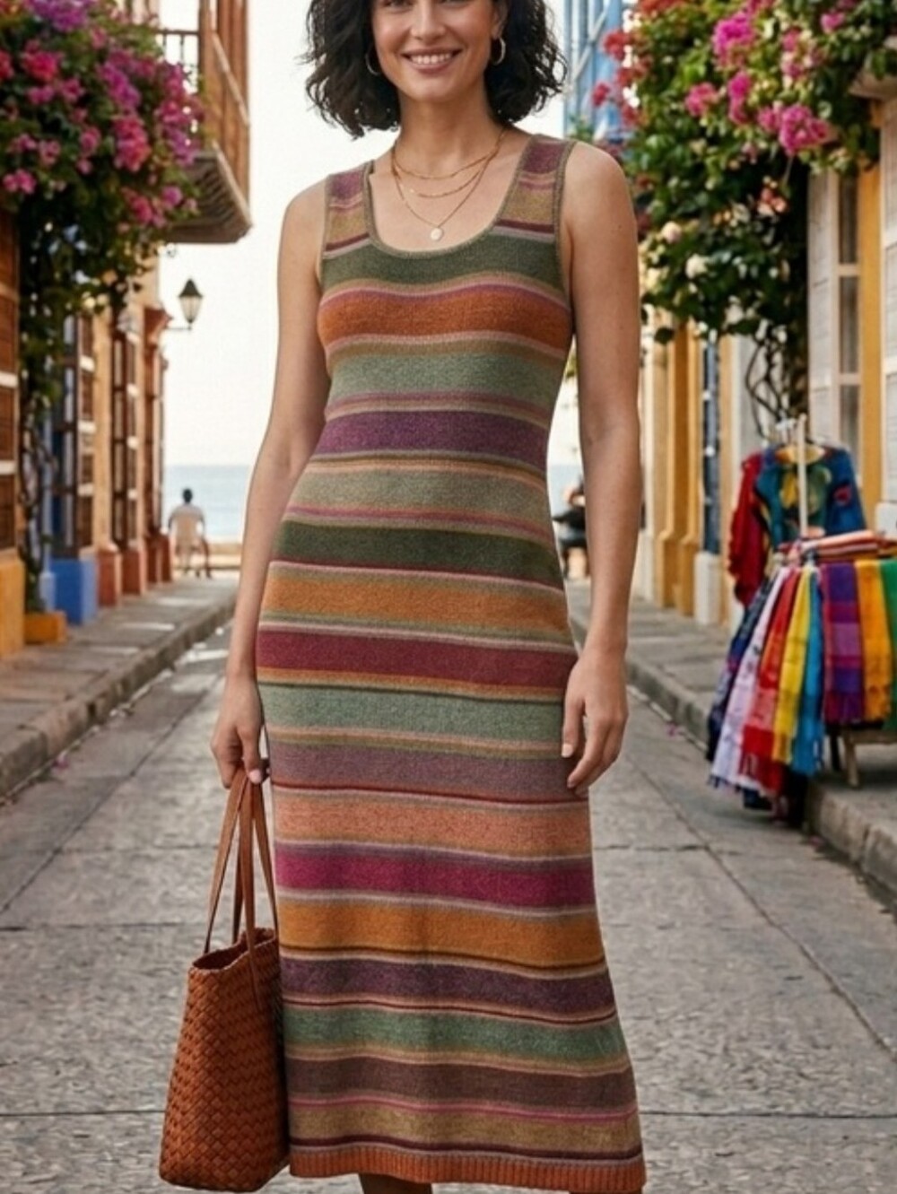 Peruvian Connection Kaffe Fassett Chloe Knit Tank Maxi Dress Earthy Stripe Pima